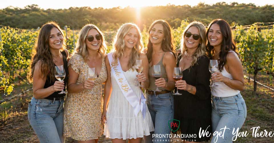 Bachelorette Wine Tours Fredericksburg TX Bridesmaids on a Fredericksburg TX bachelorette wine tour enjoying wine tasting and celebrating together at a Hill Country vineyard